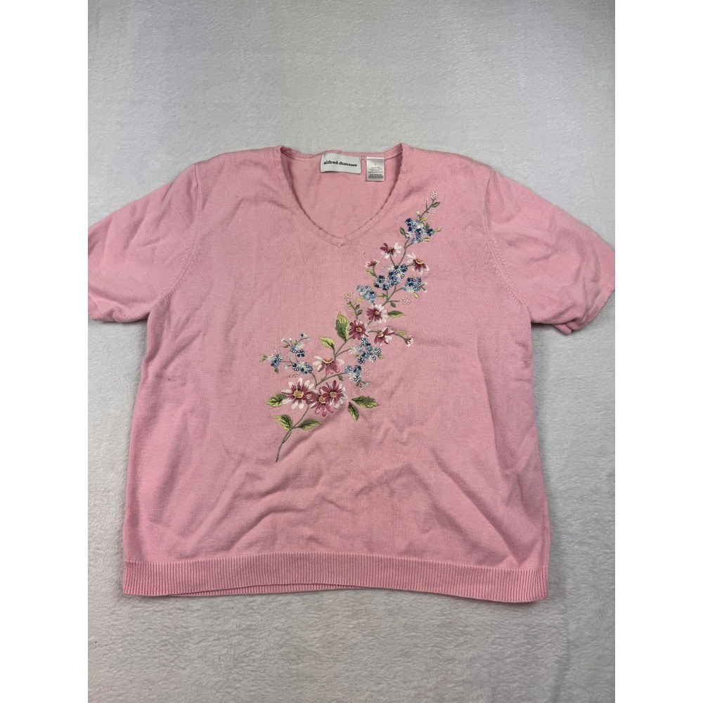Alfred Dunner Pink Floral Embroidered Short Sleeve V-Neck Sweater Size L